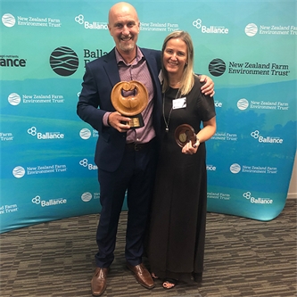 Tony Coltman and Dana Carver win Canterbury Supreme award at the Ballance Farm Environment Awards