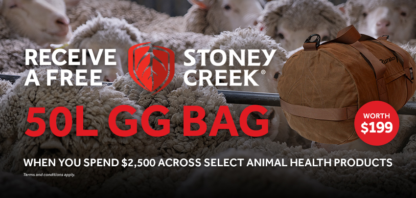 Receive a free Stoney Creek 50L GG bag when you spend $2,500 across select animal health products