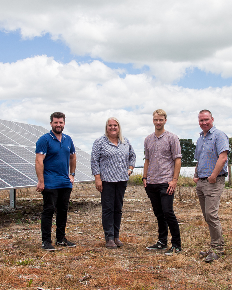 People standing in front of solar panels in field